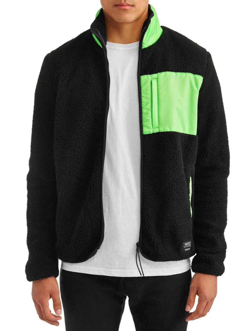 Wesc Black Sherpa Jacket with Neon Green Chest Pocket
